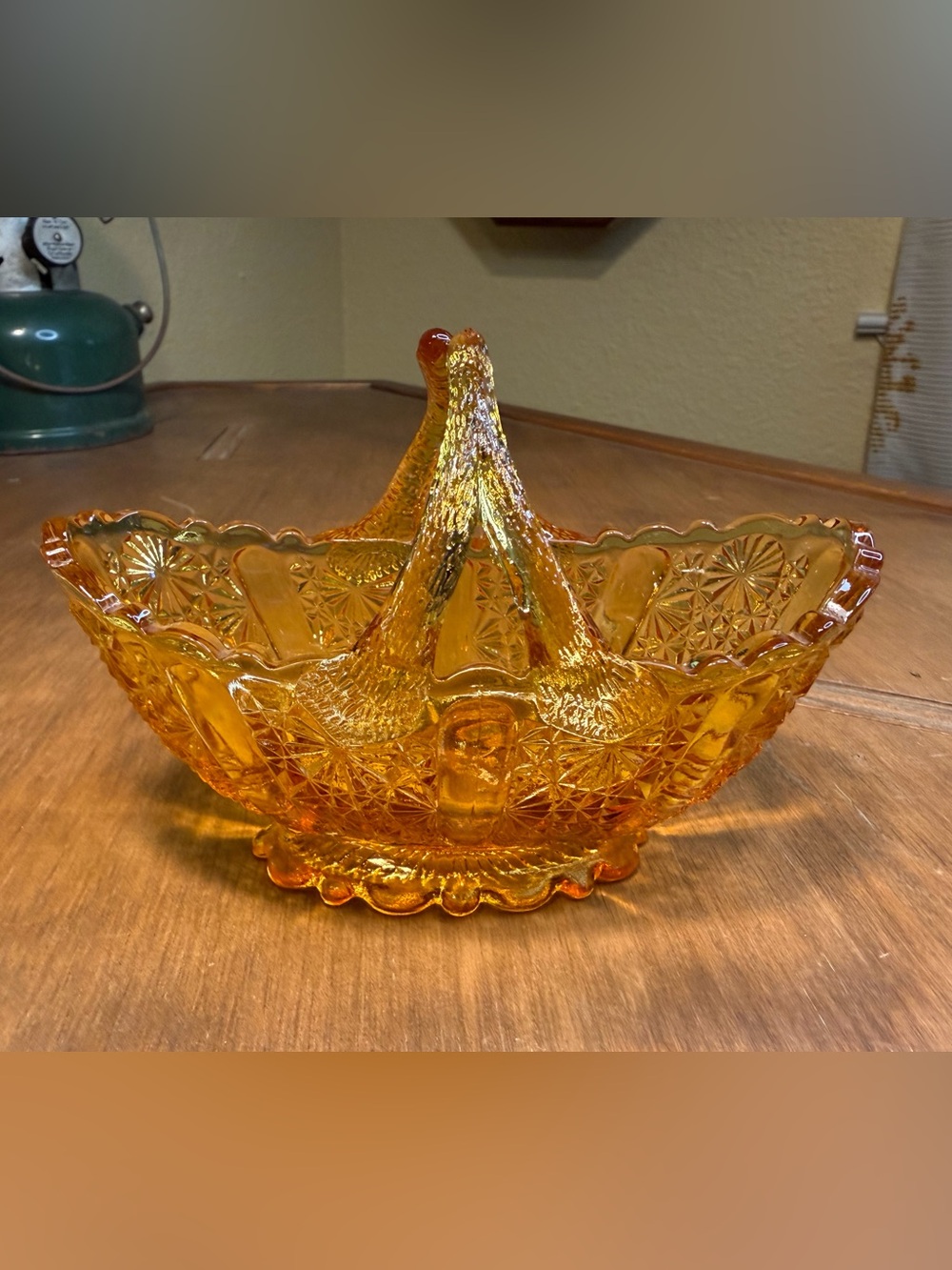 Fenton Honey Amber Glass Oval English Basket w/Split Twig Handle 4"x5.5"